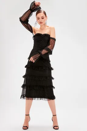 10866 Black Off-Shoulder Tiered Lace Tulle Dress