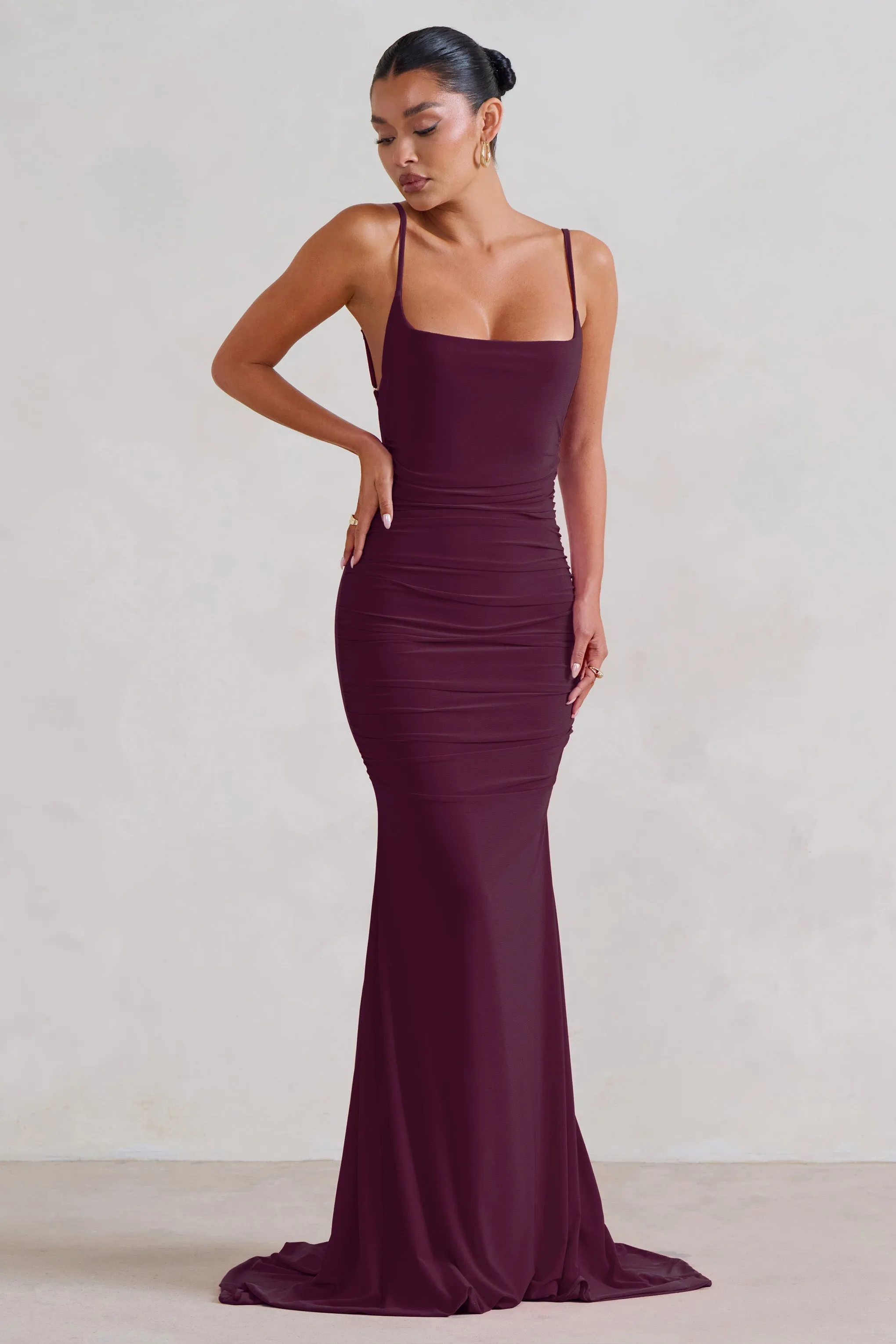 Adele | Plum Backless Ruched Fishtail Cami Maxi Dress