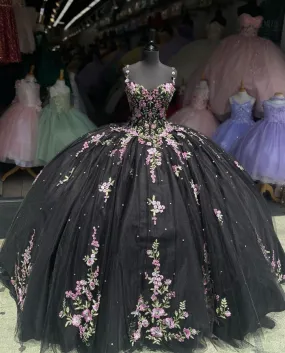 Black Floral Appliques Tulle Quncenera Dress Sweet 16 Ball Gown, DP3350