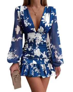 Blue and White Large Floral Print V-neck Midi Dress