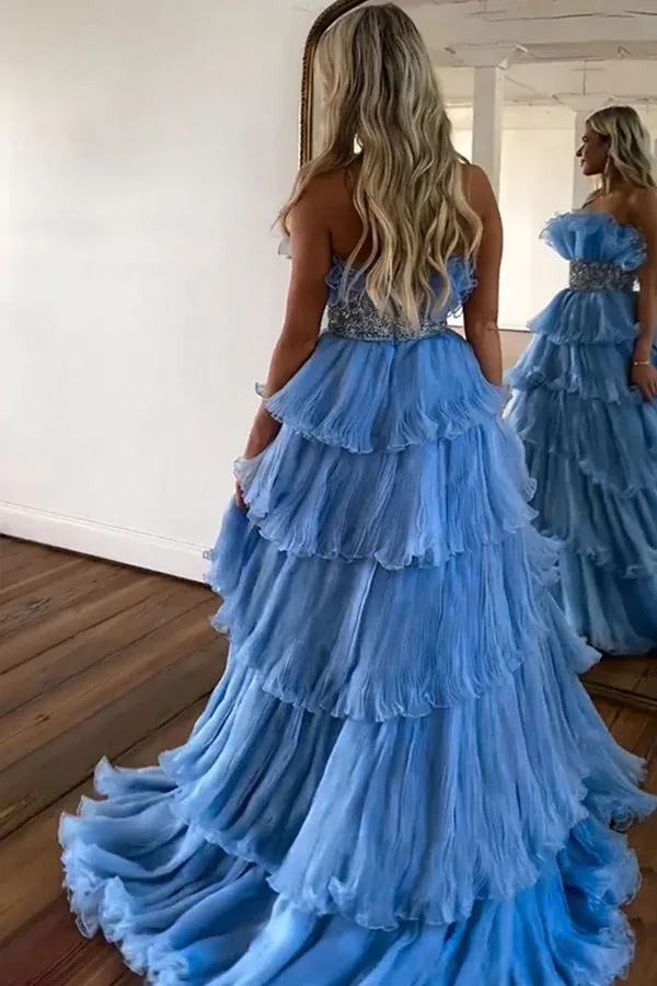 Blue Strapless A-Line Tiered Long Prom Dress Evening Gown,DP1776