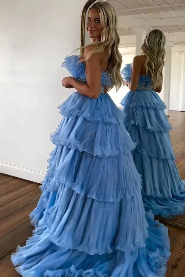 Blue Strapless A-Line Tiered Long Prom Dress Evening Gown,DP1776