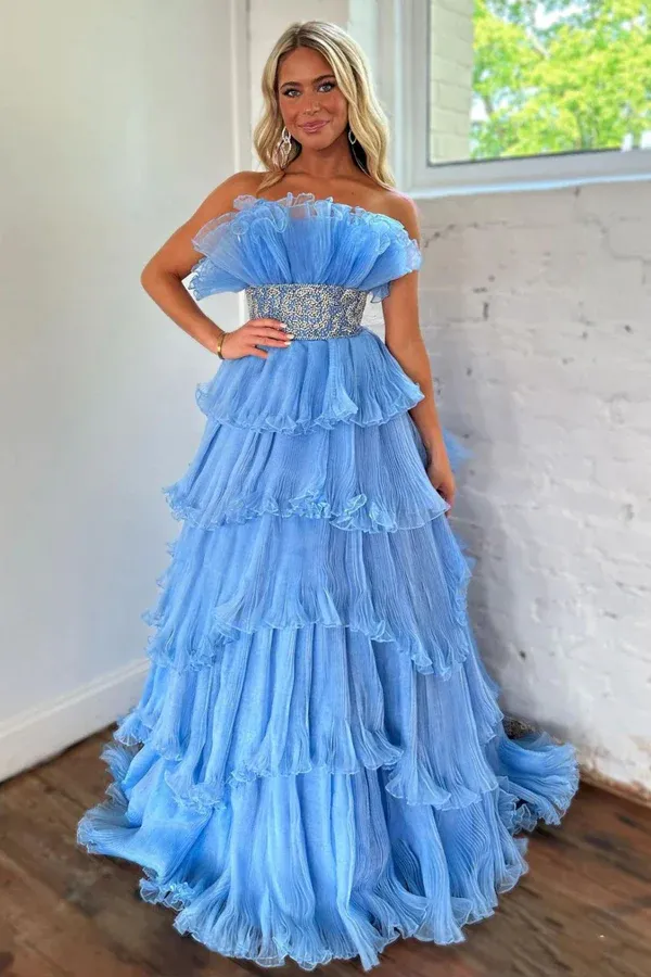 Blue Strapless A-Line Tiered Long Prom Dress Evening Gown,DP1776