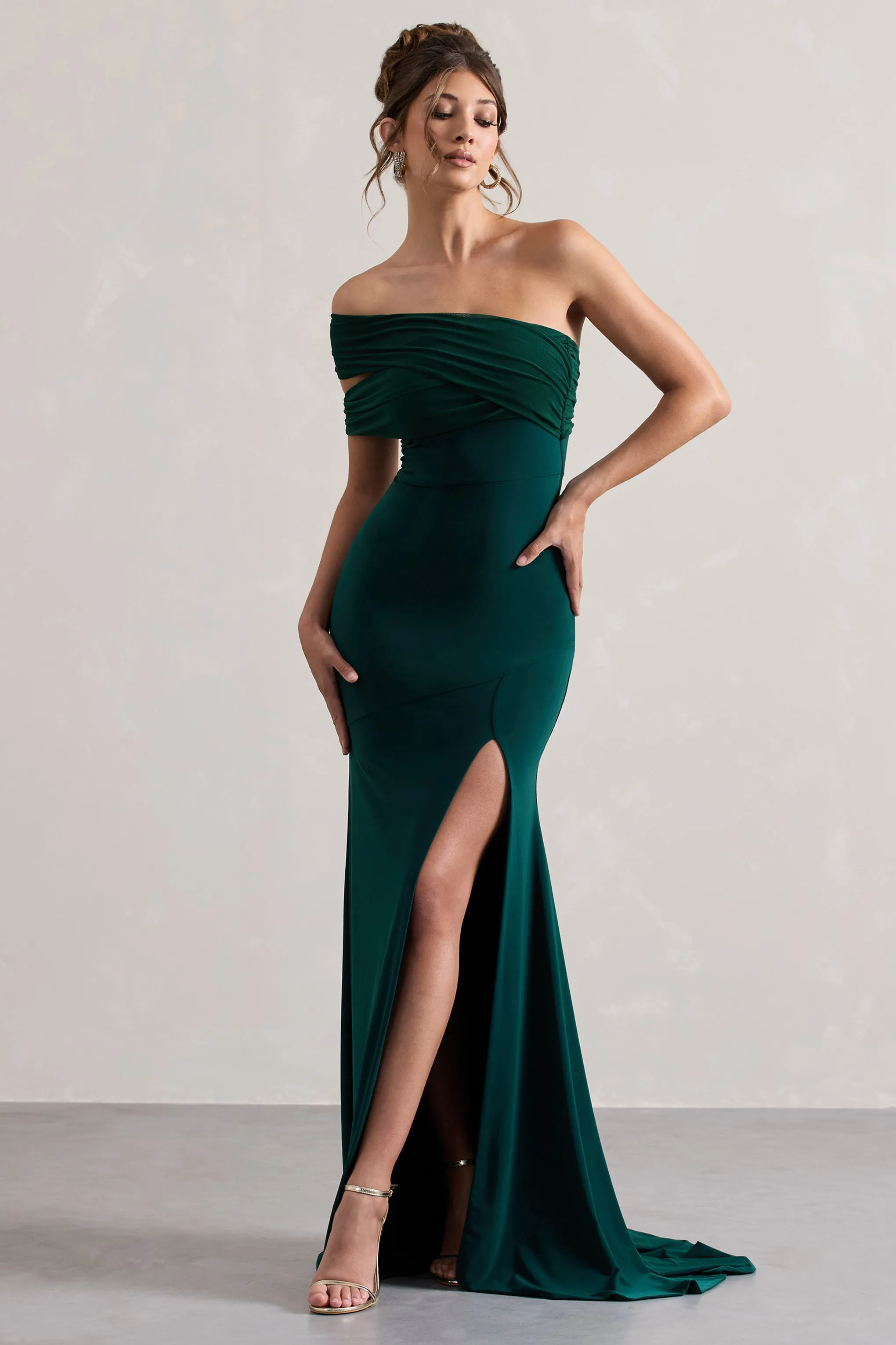 Fused | Bottle Green Asymmetric Bardot Split Maxi Dress