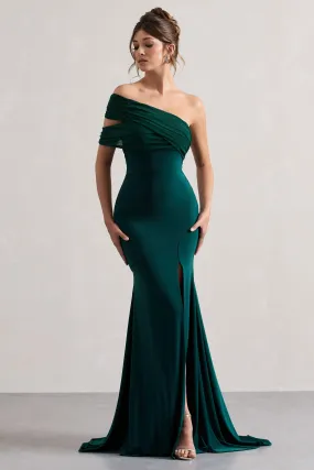 Fused | Bottle Green Asymmetric Bardot Split Maxi Dress