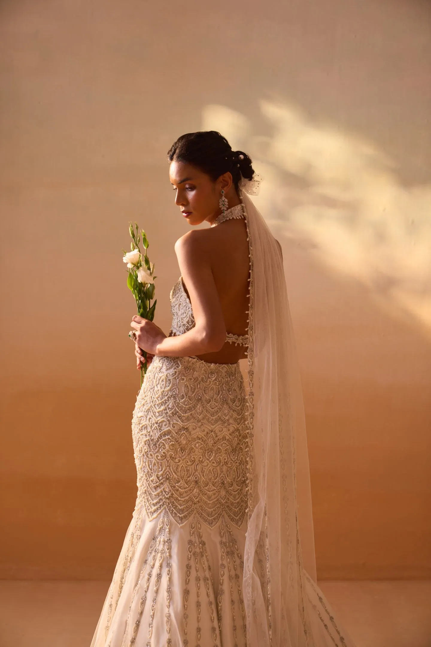 IVORY FISHTAILED SKIRT WITH PEARL WORK