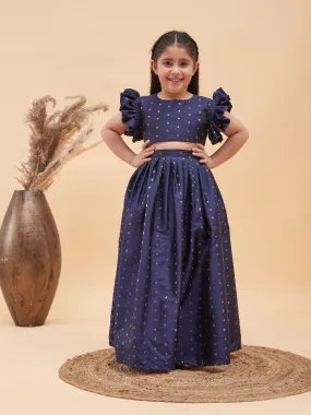 Jashvi Girl's Navy Blue Woven Design Booti Crop Top And Long Skirt Set