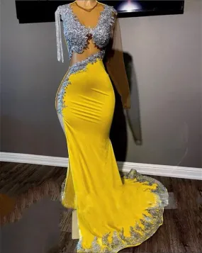 kamahe Sexy Yellow Prom Dresses Luxury for Black Girl Mermaid Illusion Bead Long Sleeve Tassel Evening Gowns