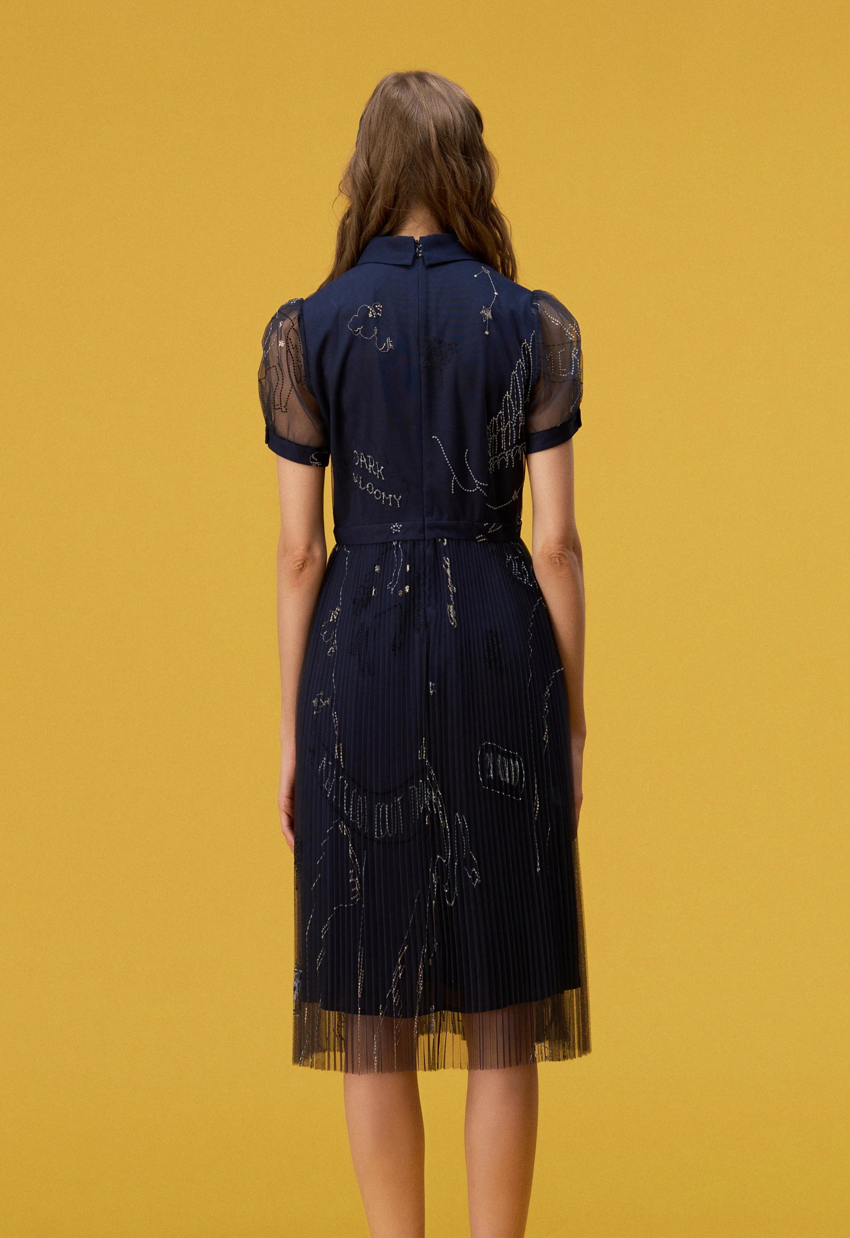 Layered Dark Blue Embroidered Organza Cocktail Dress