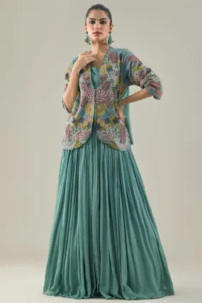 Light Turquoise Embroidered Organza Silk Jacket-Skirt Set