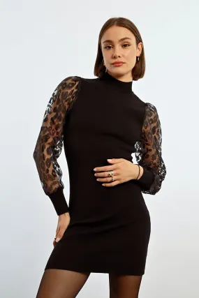 Molly Bracken Black Jersey Dress With Sheer Animal Print Sleeves