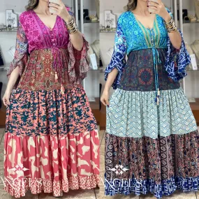 Multi Color Patches Maxi Boho Dress