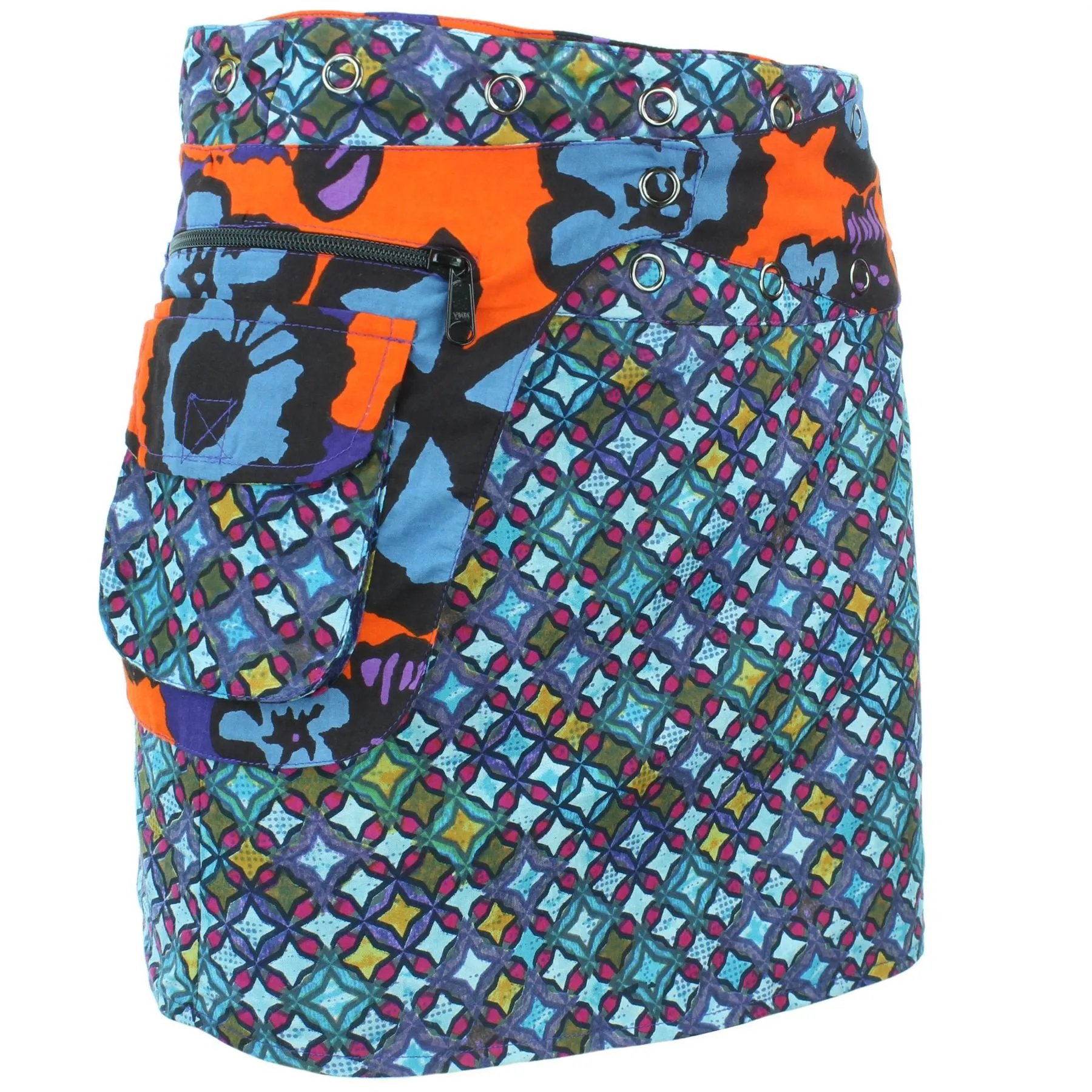 Reversible Popper Wrap Mini Skirt - Diamond Block / Ikat Floral