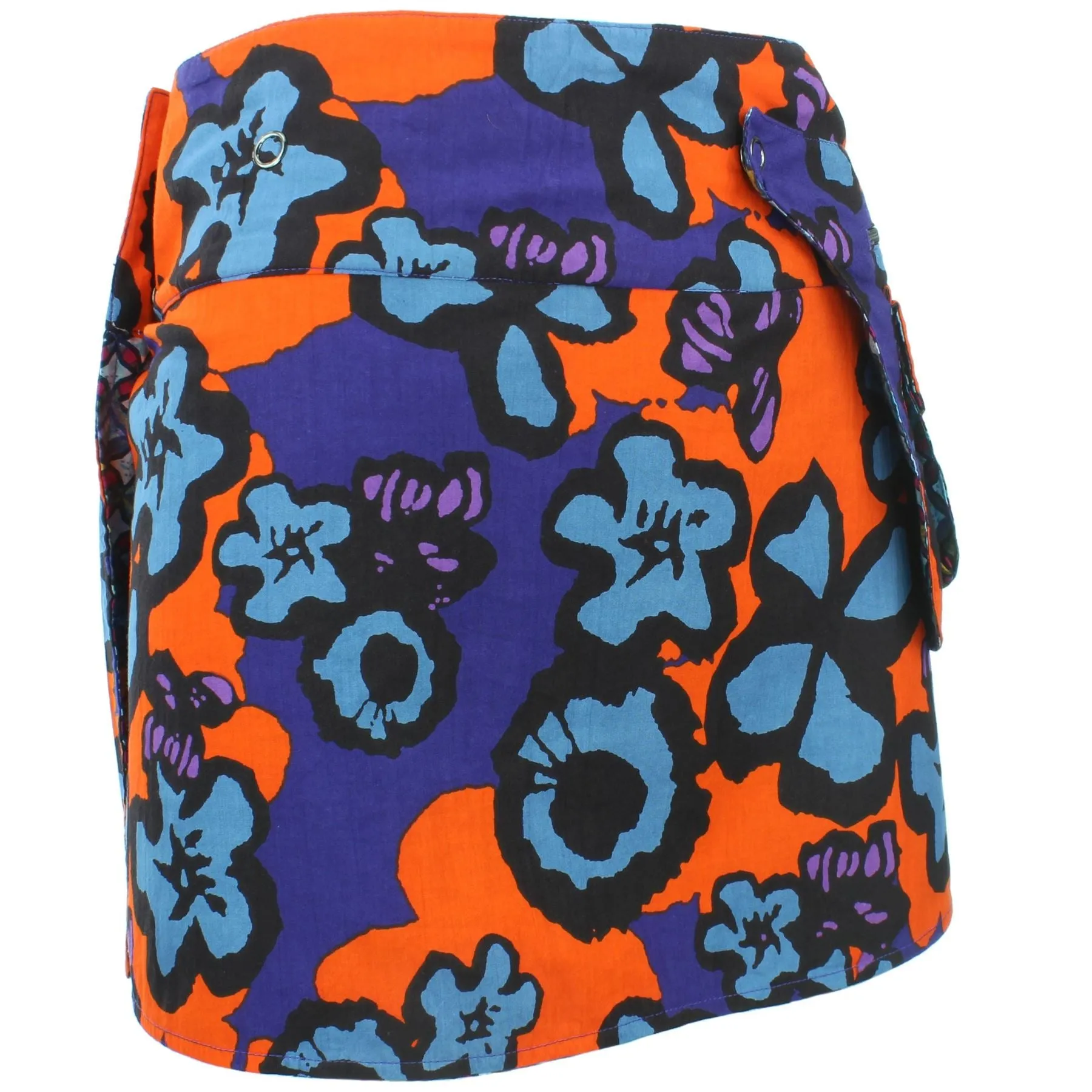 Reversible Popper Wrap Mini Skirt - Diamond Block / Ikat Floral