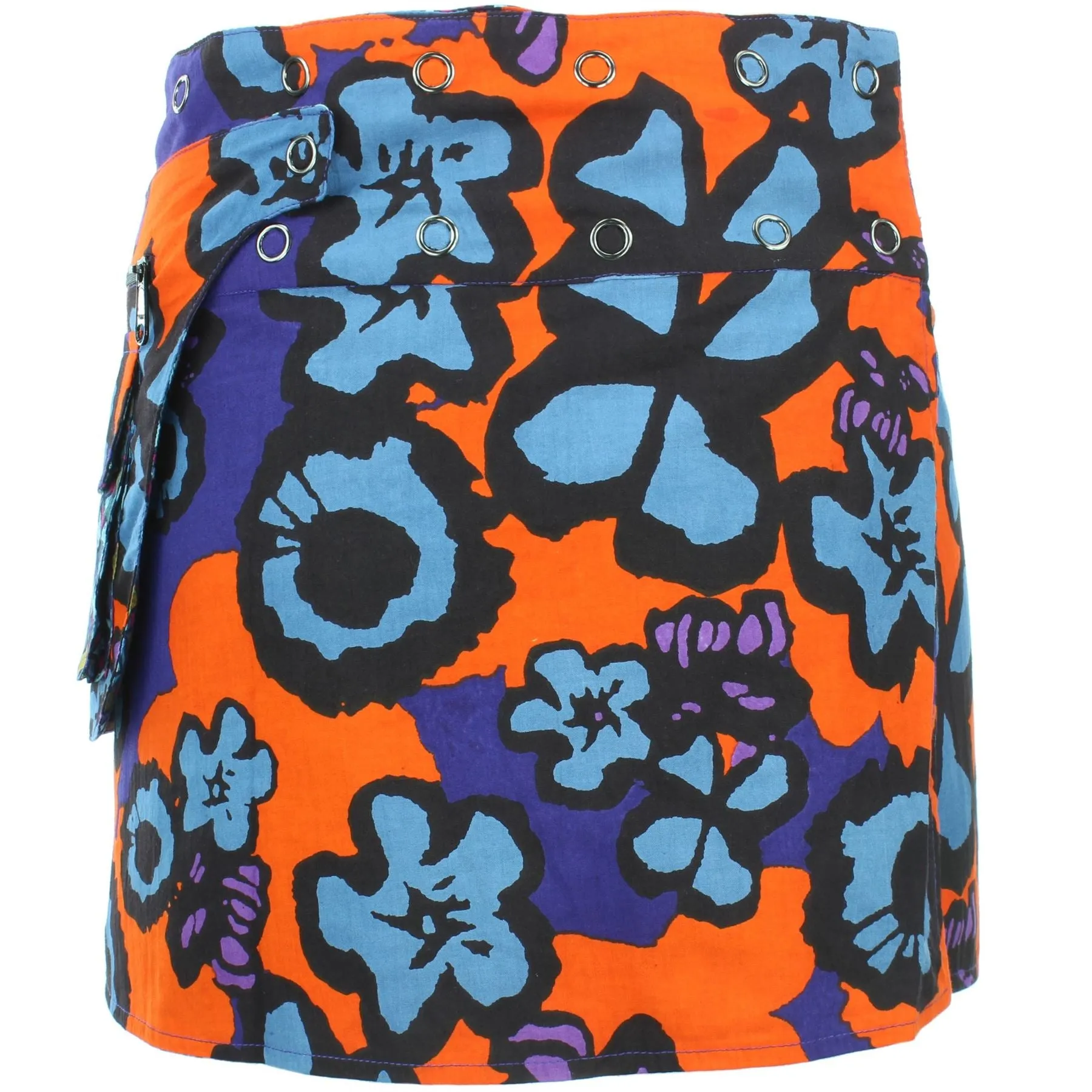 Reversible Popper Wrap Mini Skirt - Diamond Block / Ikat Floral