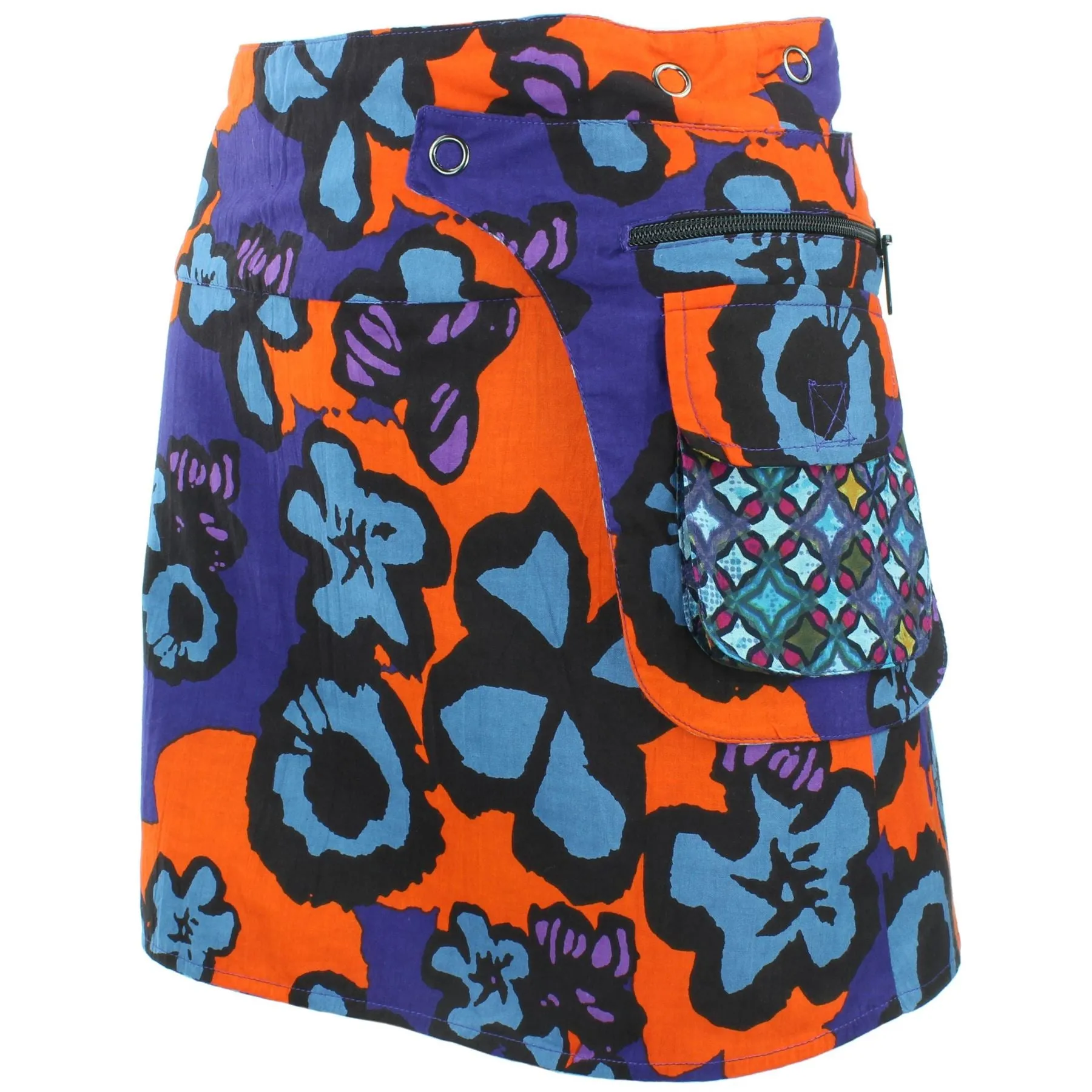 Reversible Popper Wrap Mini Skirt - Diamond Block / Ikat Floral