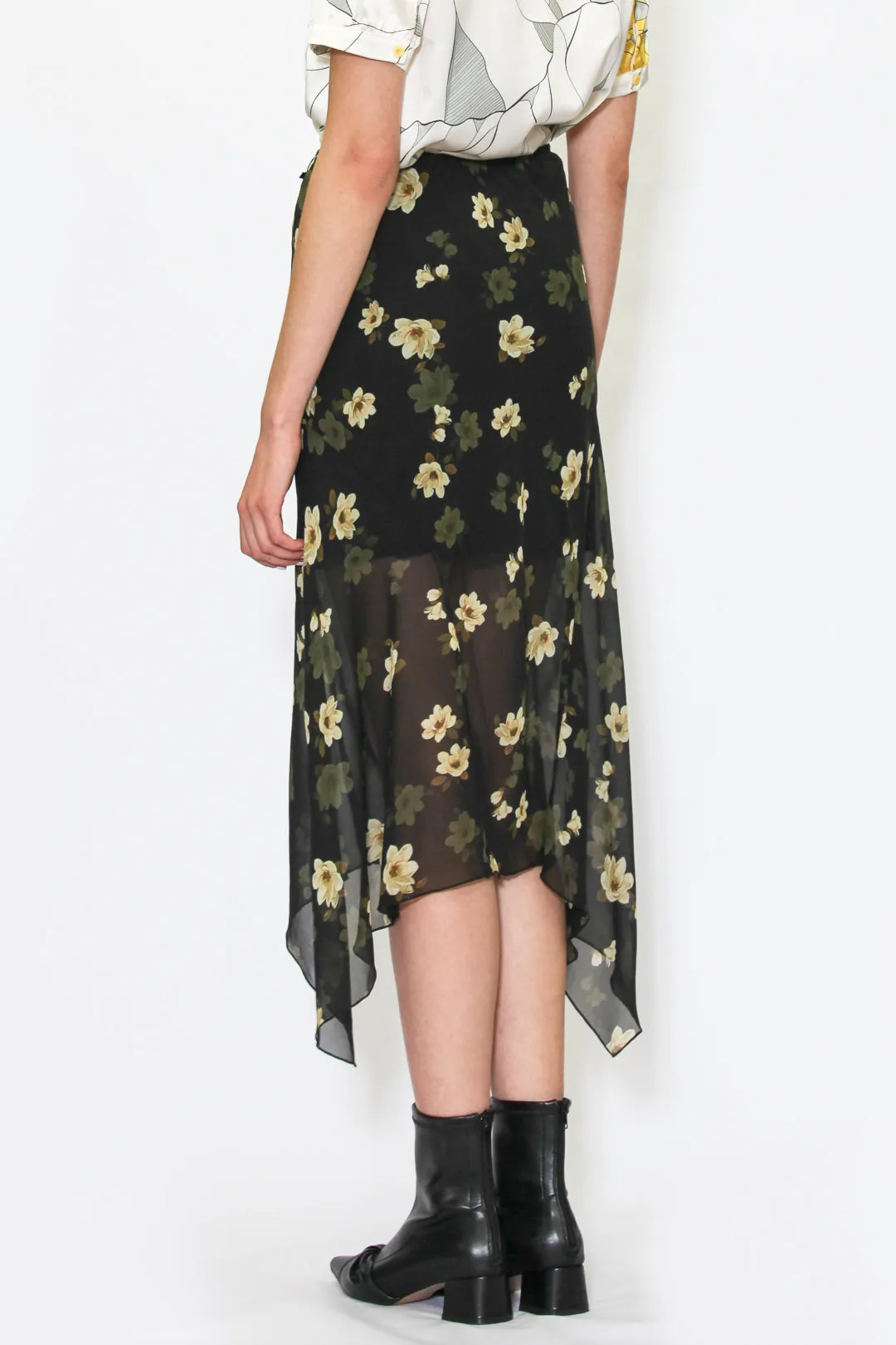 Silk Olive Green Cut Midi Skirt