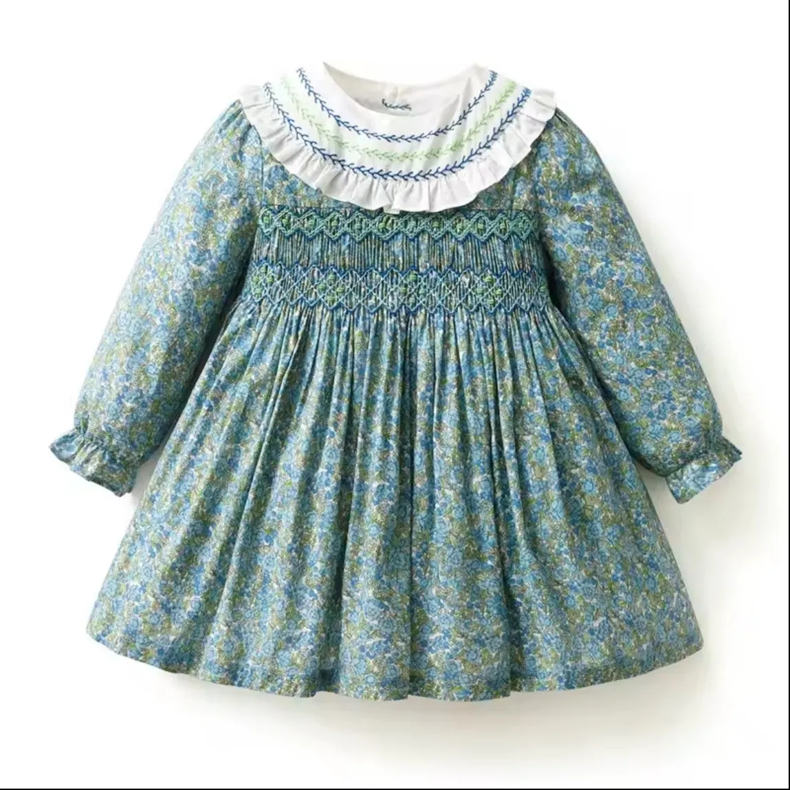 Smocked Green Floral Girl's Dress with Embroidered Collar