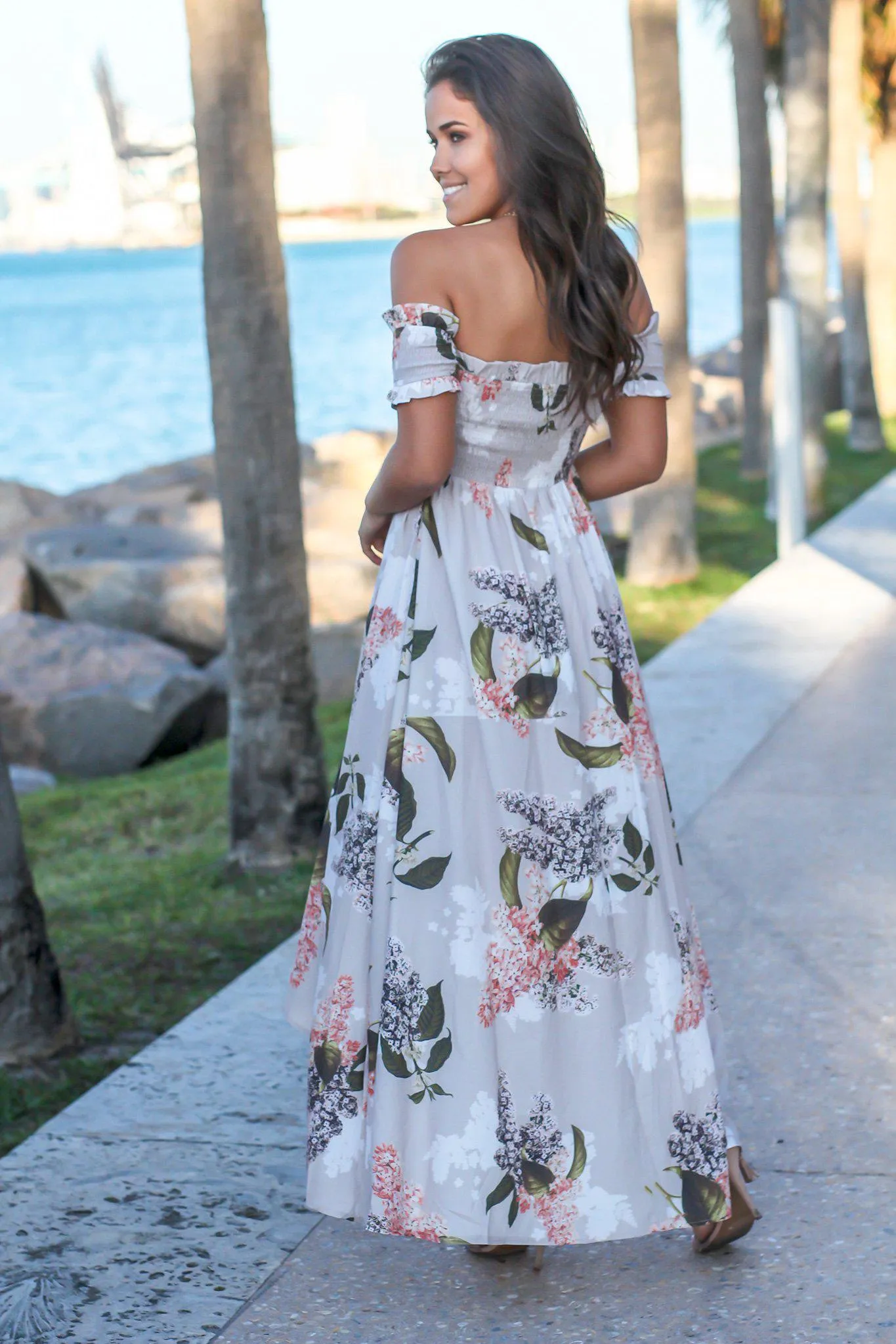 Taupe Floral Off Shoulder Wrap Dress