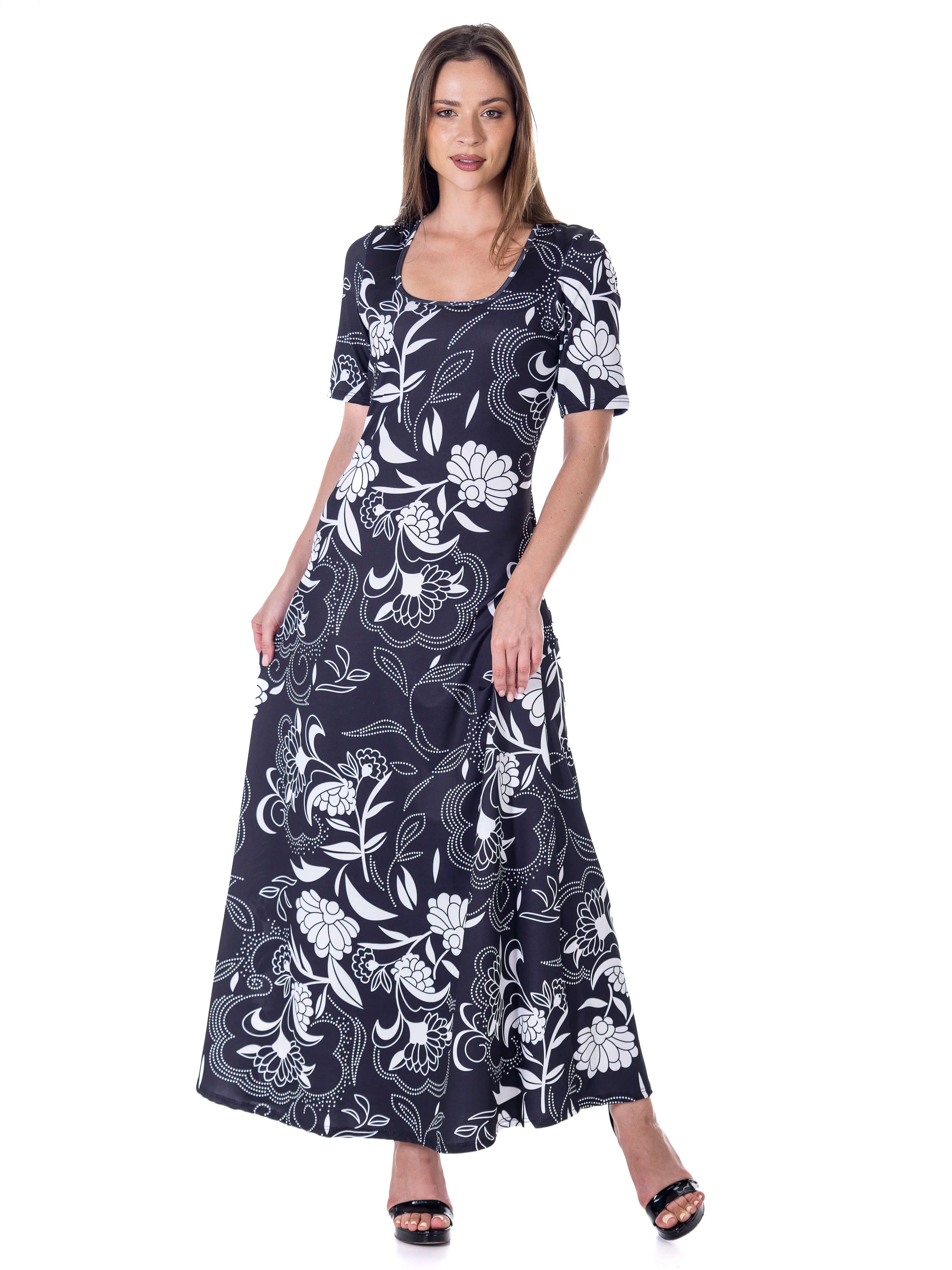 Womens  Black and White Elbow Sleeve Casual A Line Maxi Dress