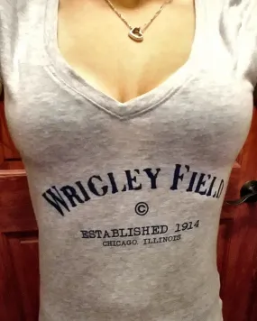 Women's Gray V-Neck Chicago Cubs Wrigley Tee