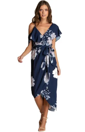 Women's Navy Floral V-Neckline Dress With Asymmetrical Hem