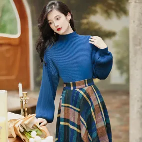 Women's Retro Elegant Blue Turtleneck Knit Sweater and Plaid Swing Skirt Outfit Set