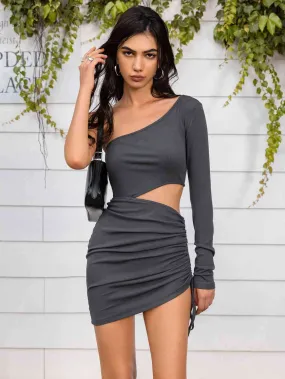 Women's Short Grey Dress One Shoulder Long Sleeve Sexy Waist Cutout Detail Mini Dress